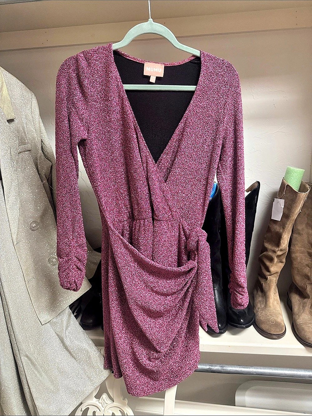 Show me your Mumu Long Sleeve Draped Mini Dress in Pink.